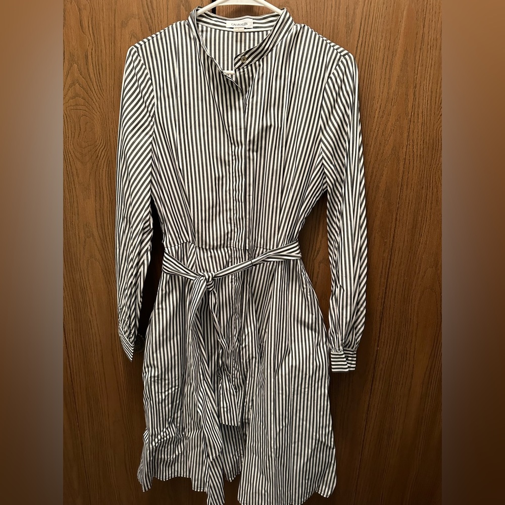 CALVIN KLEIN Womens Striped Button Down Front Tie Belt Shirt Dress Size 6